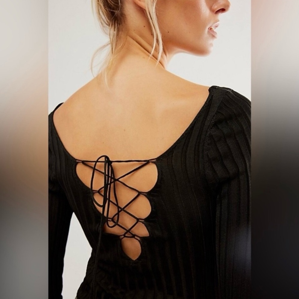 Free People Ribbed Low Back Cross Tie Long Sleeve Top Size Medium NWT